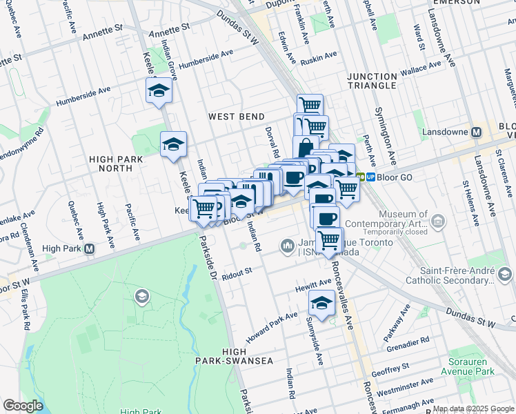 map of restaurants, bars, coffee shops, grocery stores, and more near 1648 Bloor Street West in Toronto