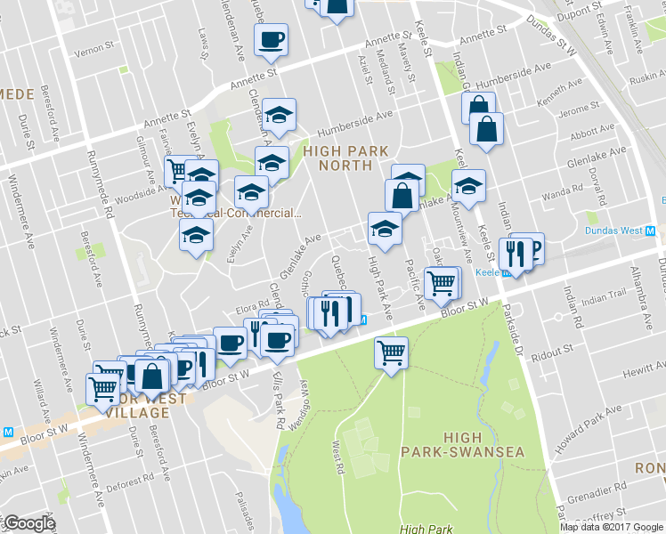 map of restaurants, bars, coffee shops, grocery stores, and more near 117 Gothic Avenue in Toronto