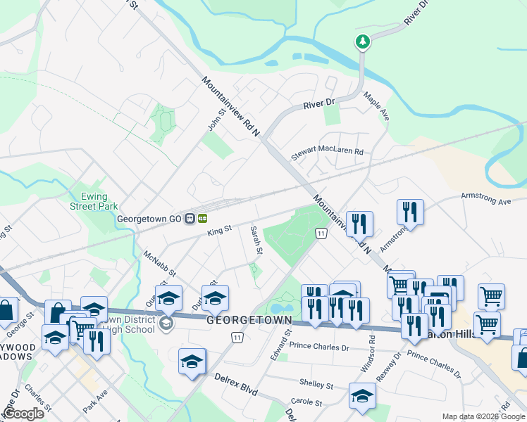map of restaurants, bars, coffee shops, grocery stores, and more near 2 Lamb Street in Halton Hills
