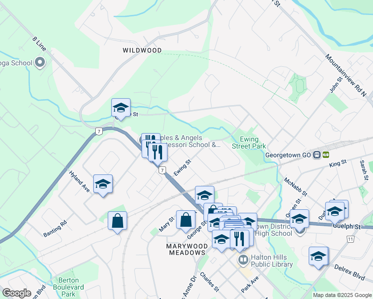 map of restaurants, bars, coffee shops, grocery stores, and more near 18 Cherry Street in Halton Hills