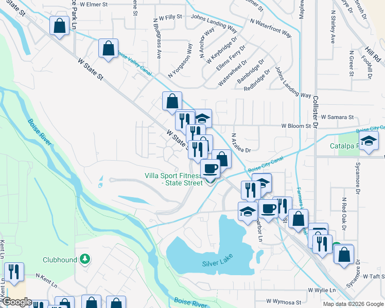 map of restaurants, bars, coffee shops, grocery stores, and more near 5700 West State Street in Garden City