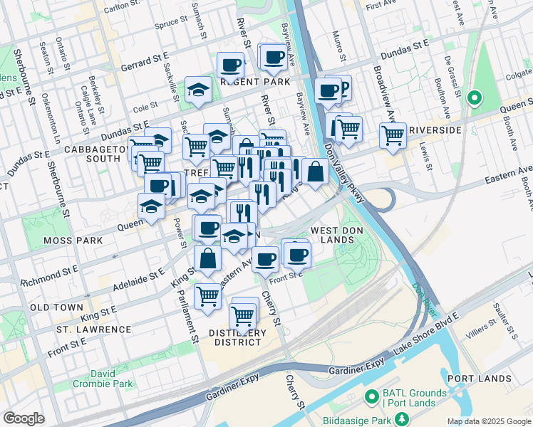 map of restaurants, bars, coffee shops, grocery stores, and more near 553 King Street East in Toronto