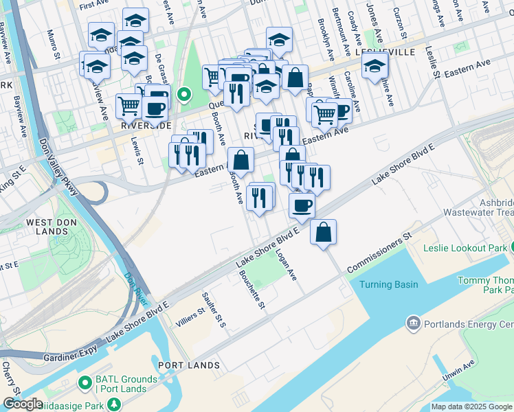map of restaurants, bars, coffee shops, grocery stores, and more near 42 Logan Avenue in Toronto