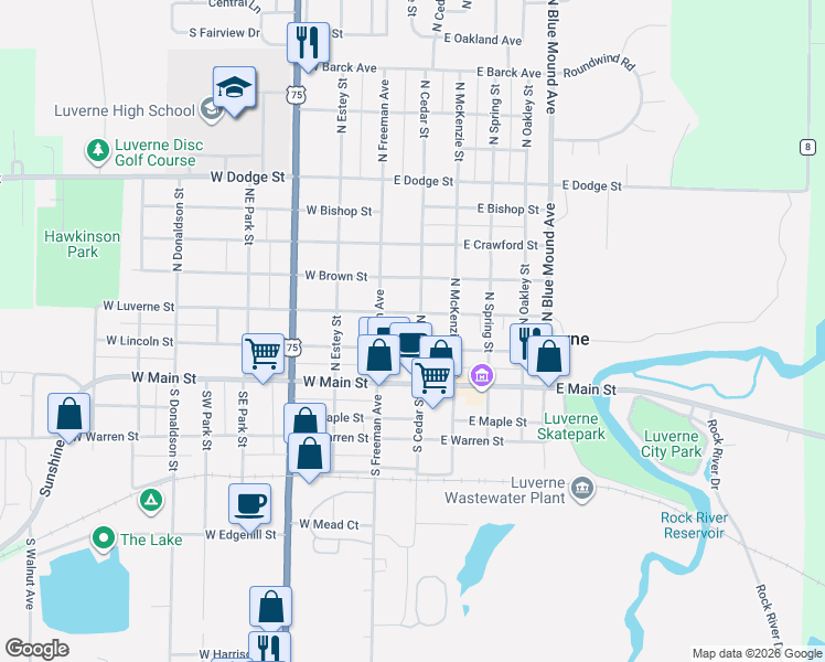 map of restaurants, bars, coffee shops, grocery stores, and more near 115 East Luverne Street in Luverne