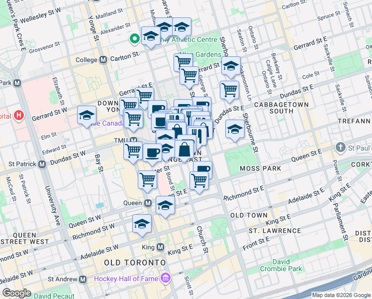 map of restaurants, bars, coffee shops, grocery stores, and more near 75 Dalhousie Street in Toronto