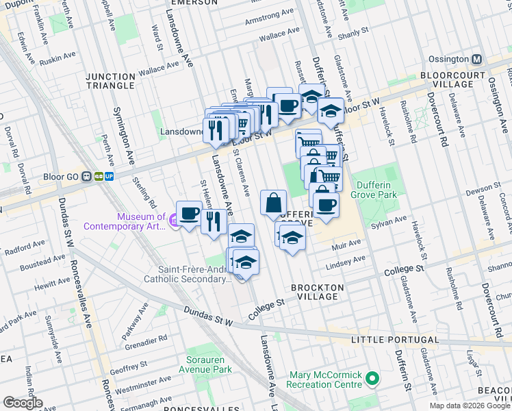 map of restaurants, bars, coffee shops, grocery stores, and more near 359 Saint Clarens Avenue in Toronto