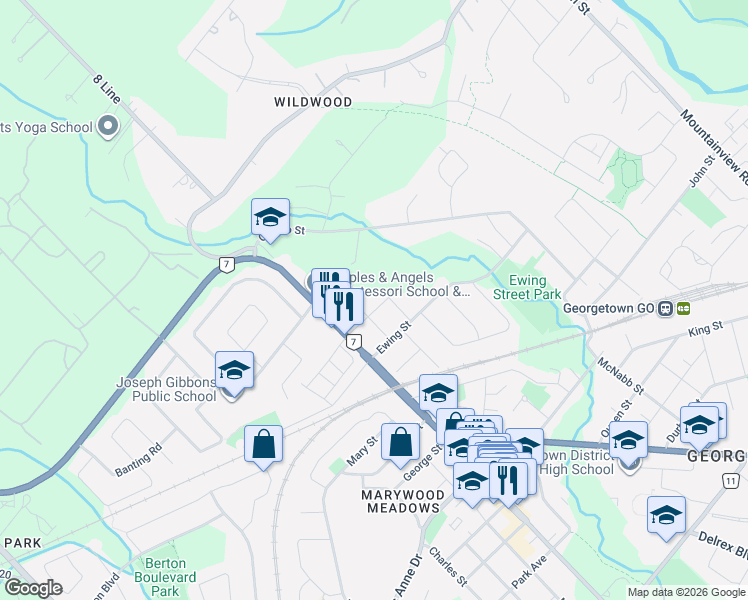 map of restaurants, bars, coffee shops, grocery stores, and more near 23 Kennedy Street in Halton Hills