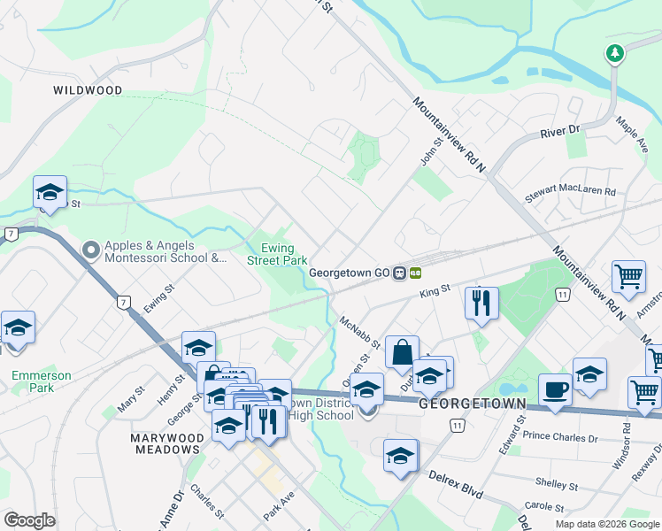map of restaurants, bars, coffee shops, grocery stores, and more near 9 John Street in Halton Hills
