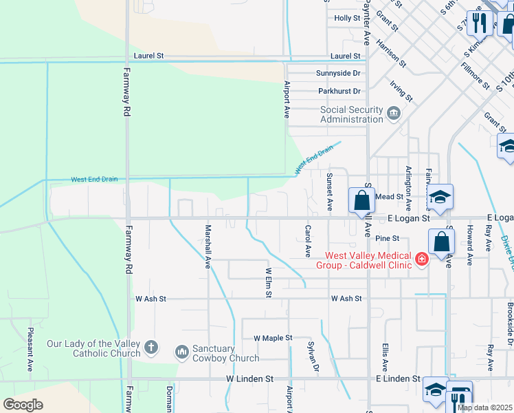 map of restaurants, bars, coffee shops, grocery stores, and more near 612 West Logan Street in Caldwell
