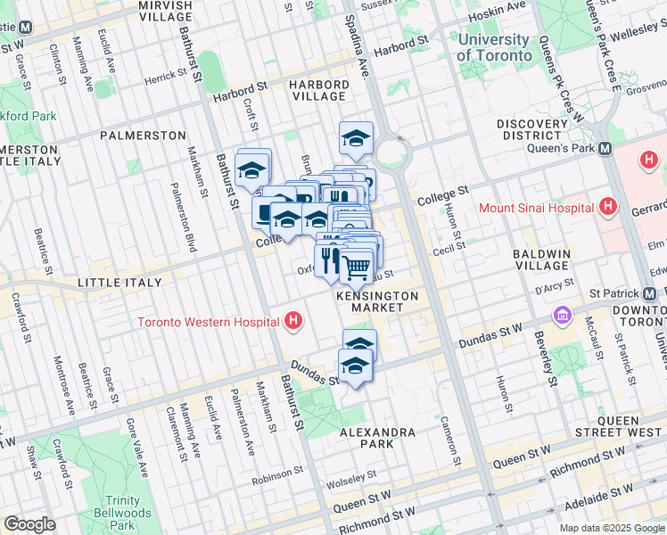 map of restaurants, bars, coffee shops, grocery stores, and more near in Toronto