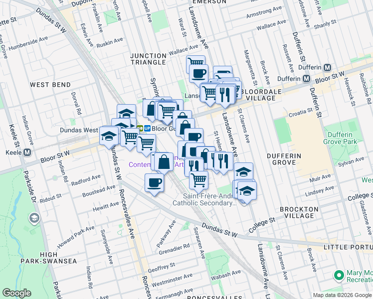 map of restaurants, bars, coffee shops, grocery stores, and more near 221 Sterling Road in Toronto