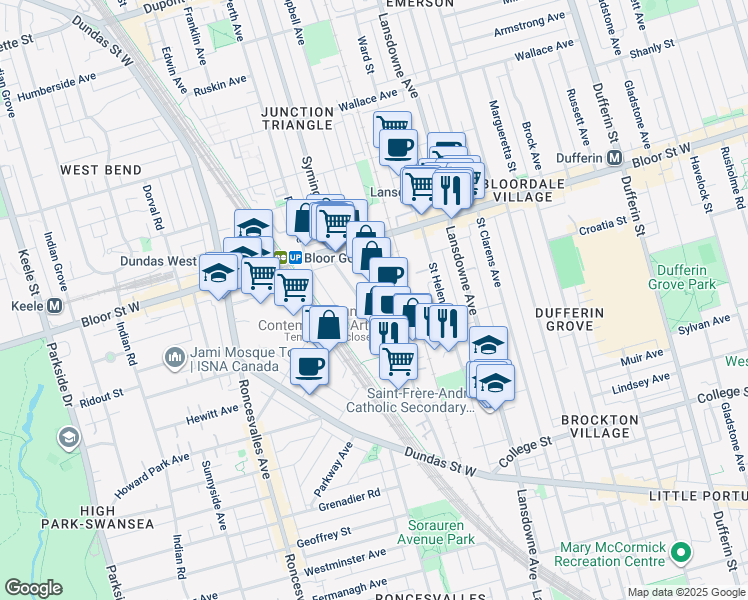 map of restaurants, bars, coffee shops, grocery stores, and more near 221 Sterling Road in Toronto