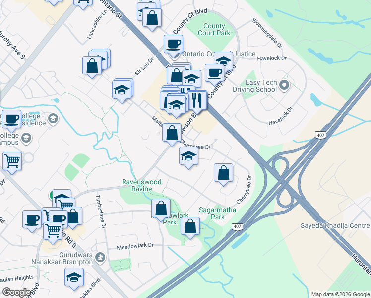 map of restaurants, bars, coffee shops, grocery stores, and more near 9 Cherrytree Drive in Brampton