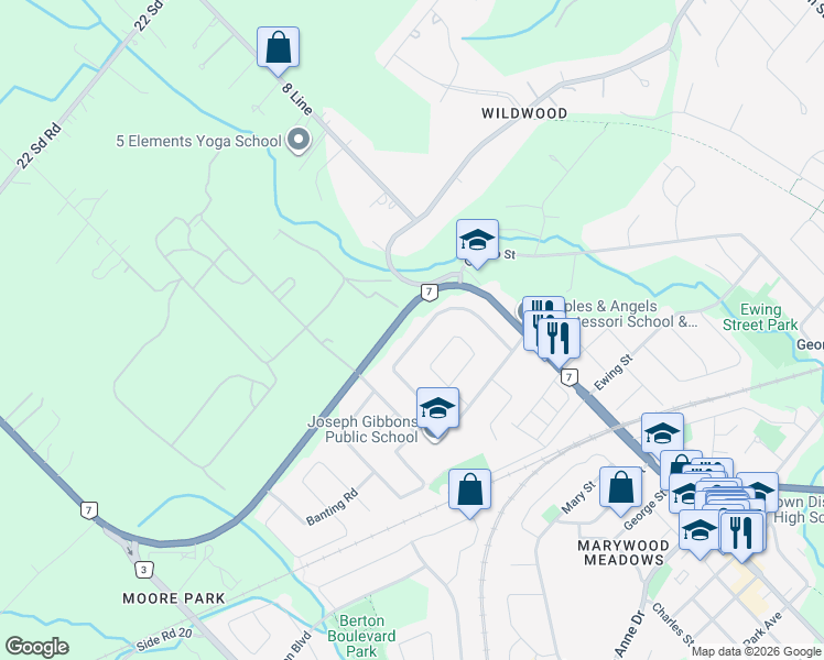 map of restaurants, bars, coffee shops, grocery stores, and more near 91 Moore Park Crescent in Halton Hills