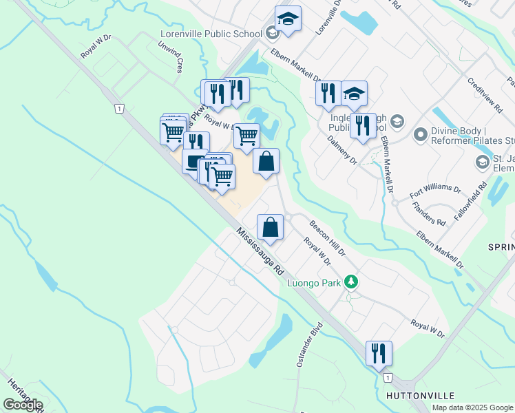 map of restaurants, bars, coffee shops, grocery stores, and more near 23 Beachville Circle in Brampton