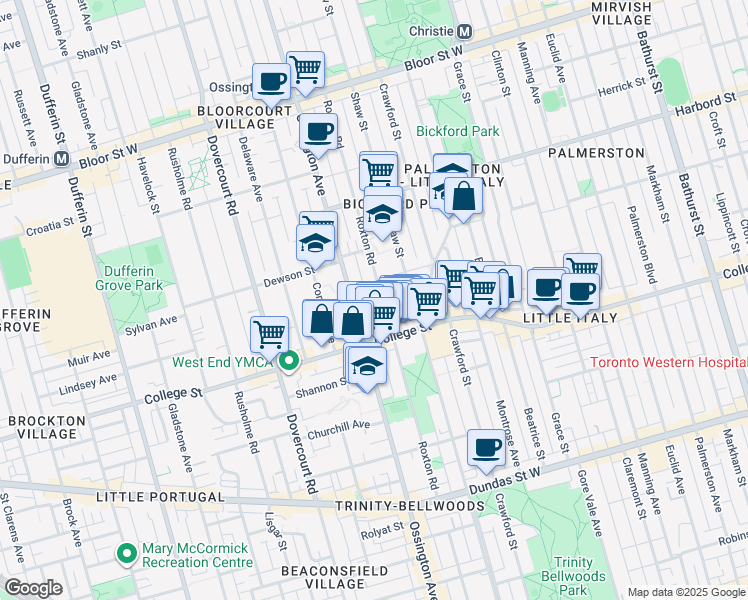map of restaurants, bars, coffee shops, grocery stores, and more near 274 Roxton Road in Toronto