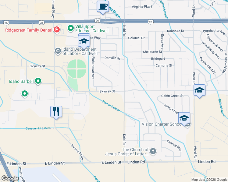 map of restaurants, bars, coffee shops, grocery stores, and more near Skyway Street in Caldwell