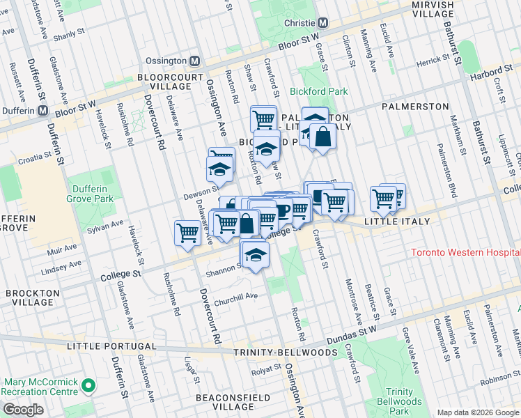 map of restaurants, bars, coffee shops, grocery stores, and more near 274 Roxton Road in Toronto