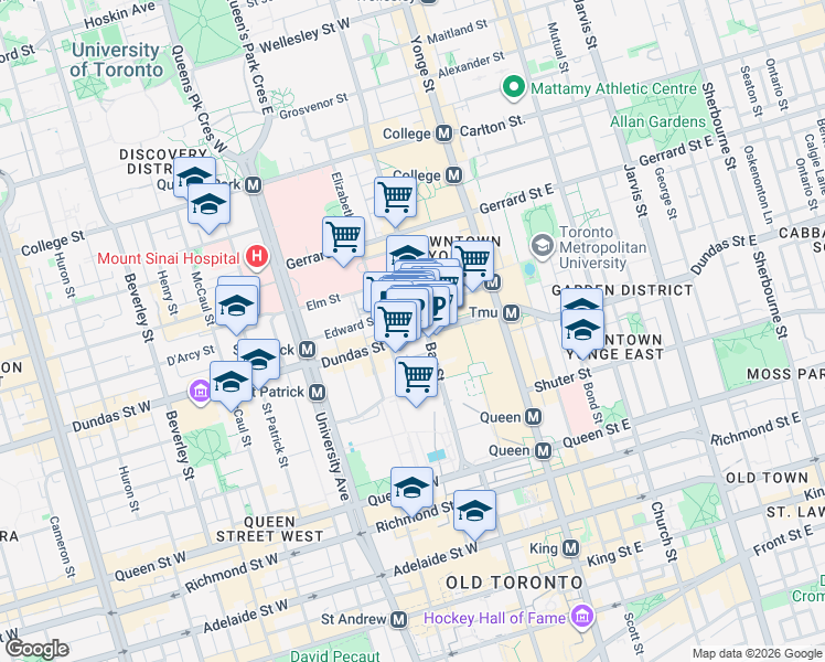 map of restaurants, bars, coffee shops, grocery stores, and more near 110 Dundas Street West in Toronto