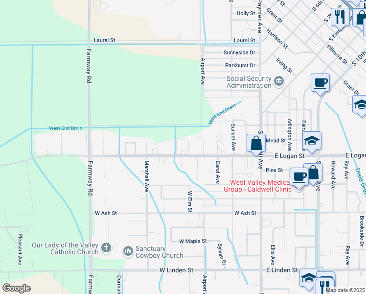 map of restaurants, bars, coffee shops, grocery stores, and more near 612 West Logan Street in Caldwell