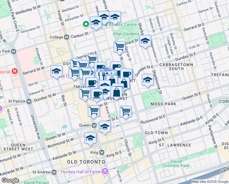 map of restaurants, bars, coffee shops, grocery stores, and more near 82 Dalhousie Street in Toronto