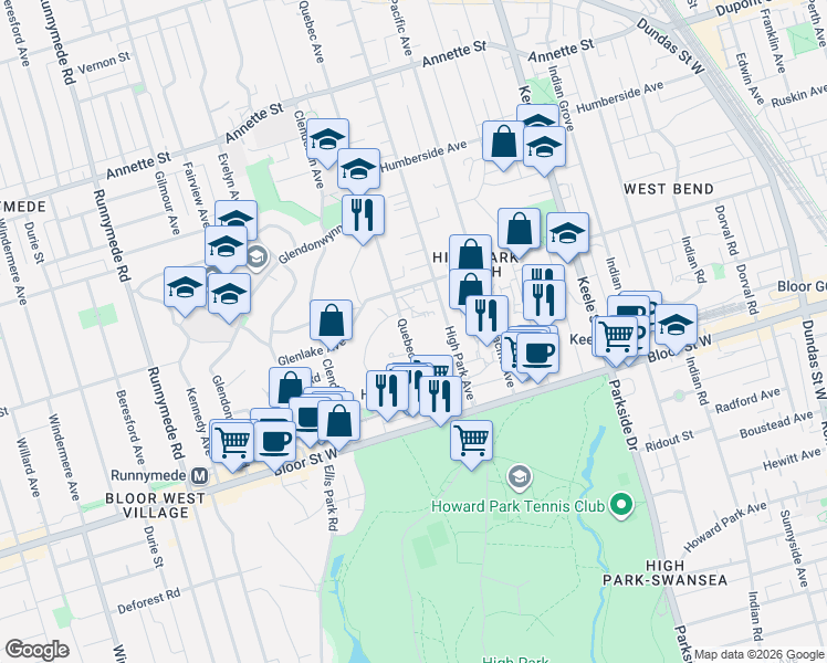 map of restaurants, bars, coffee shops, grocery stores, and more near 105 Quebec Avenue in Toronto