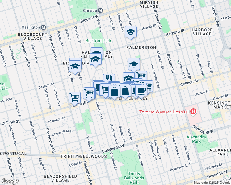 map of restaurants, bars, coffee shops, grocery stores, and more near 174 Grace Street in Toronto