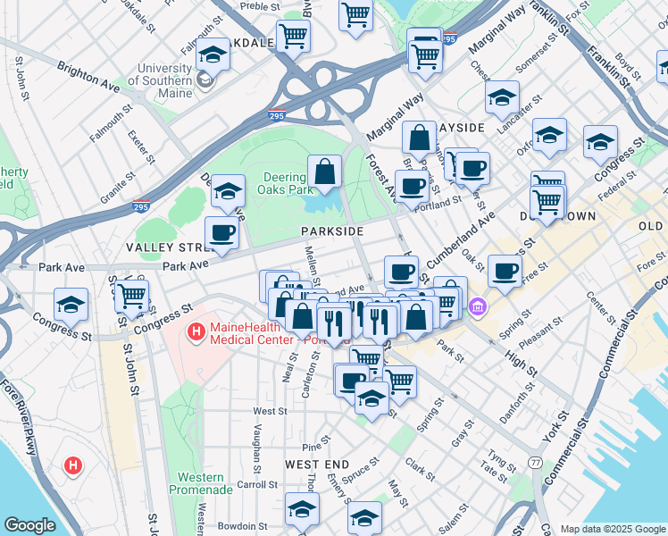 map of restaurants, bars, coffee shops, grocery stores, and more near 61 Sherman Street in Portland