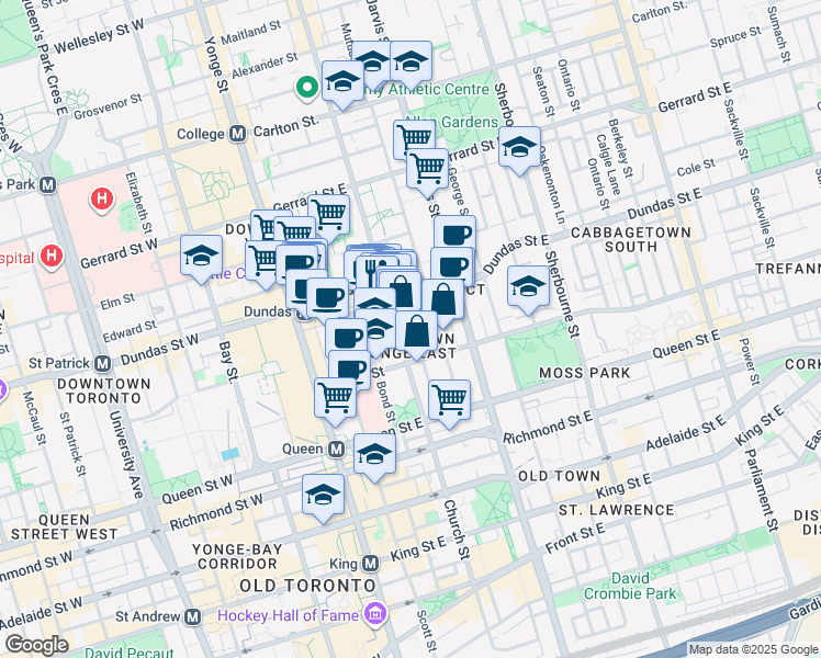 map of restaurants, bars, coffee shops, grocery stores, and more near 199 Church Street in Toronto