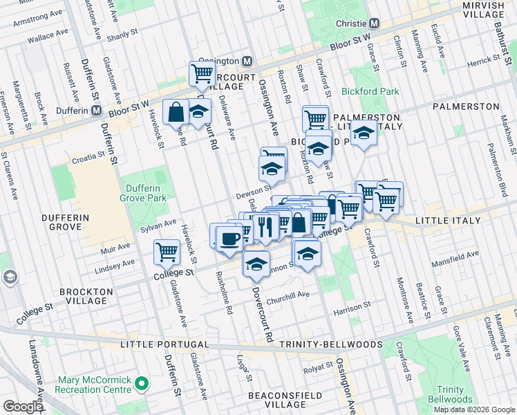 map of restaurants, bars, coffee shops, grocery stores, and more near 58 Concord Avenue in Toronto