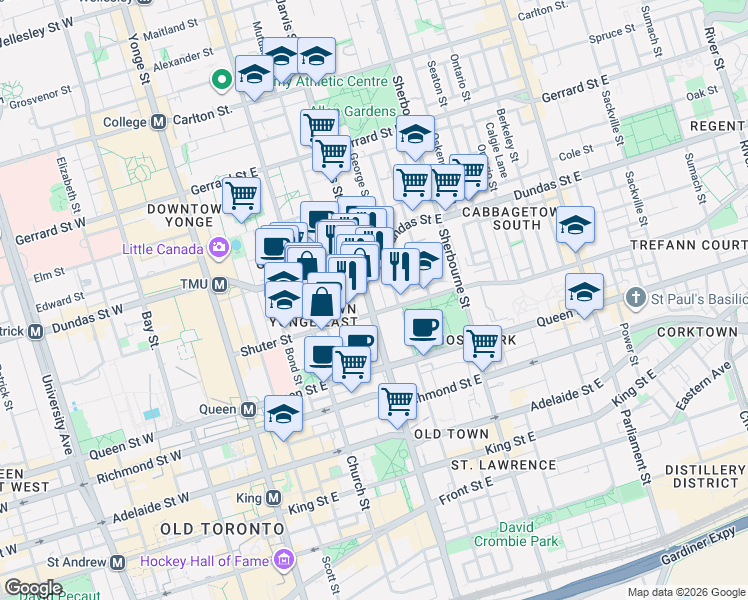 map of restaurants, bars, coffee shops, grocery stores, and more near 207 Jarvis Street in Toronto
