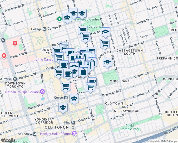 map of restaurants, bars, coffee shops, grocery stores, and more near 65 Mutual Street in Toronto
