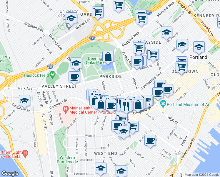 map of restaurants, bars, coffee shops, grocery stores, and more near 77 Sherman Street in Portland