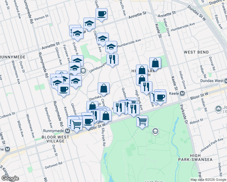 map of restaurants, bars, coffee shops, grocery stores, and more near 102 Gothic Avenue in Toronto
