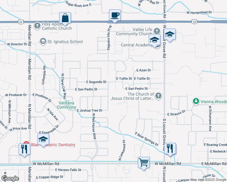 map of restaurants, bars, coffee shops, grocery stores, and more near 5642 North Saguaro Hills Avenue in Meridian