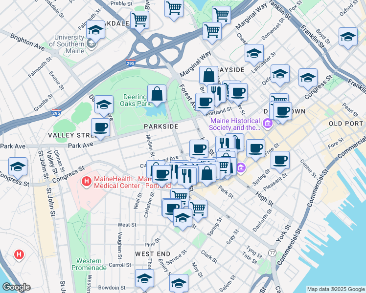 map of restaurants, bars, coffee shops, grocery stores, and more near 31 Sherman Street in Portland