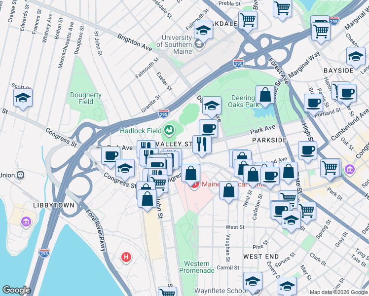 map of restaurants, bars, coffee shops, grocery stores, and more near 239 Park Avenue in Portland