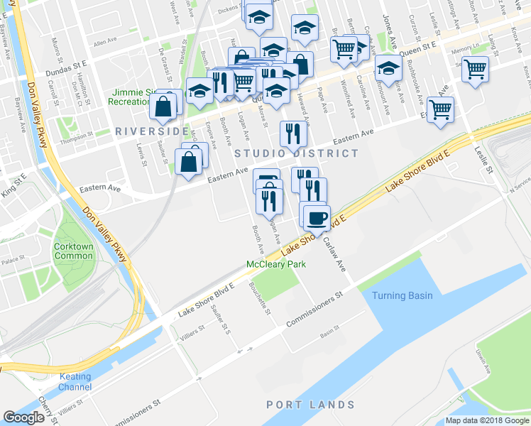 map of restaurants, bars, coffee shops, grocery stores, and more near 50 Logan Avenue in Toronto