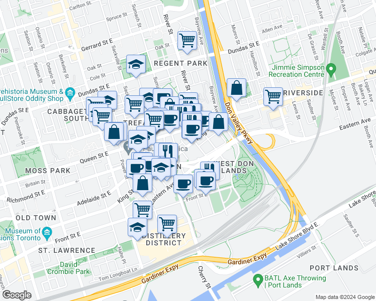 map of restaurants, bars, coffee shops, grocery stores, and more near in Toronto