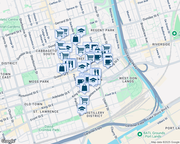 map of restaurants, bars, coffee shops, grocery stores, and more near in Toronto