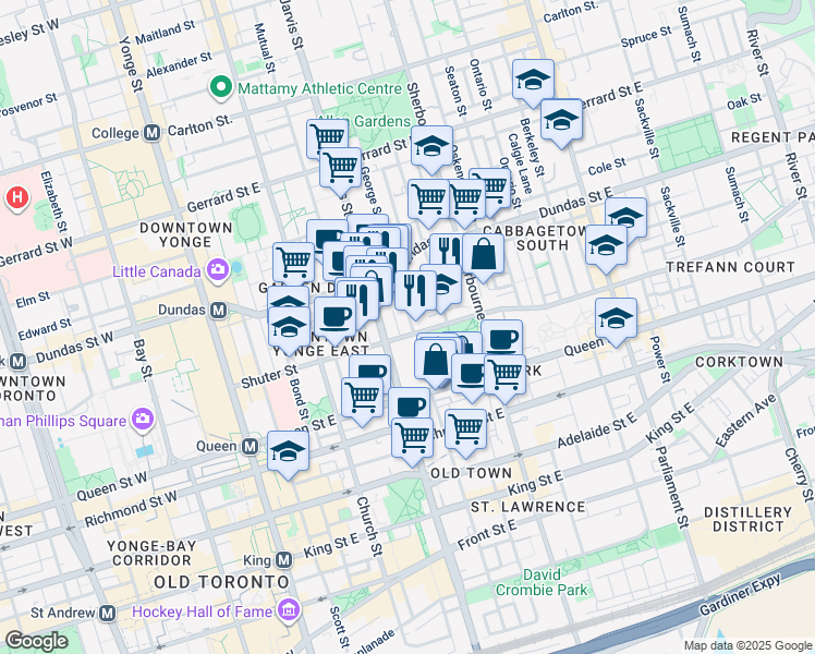 map of restaurants, bars, coffee shops, grocery stores, and more near 215 George Street in Toronto