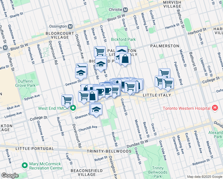 map of restaurants, bars, coffee shops, grocery stores, and more near in Toronto