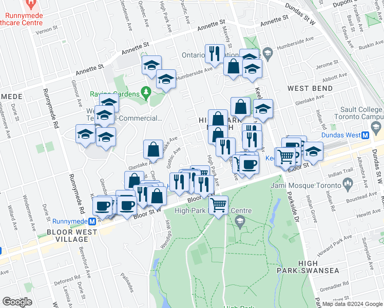 map of restaurants, bars, coffee shops, grocery stores, and more near in Toronto