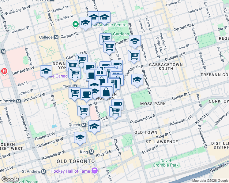 map of restaurants, bars, coffee shops, grocery stores, and more near 65 Mutual Street in Toronto