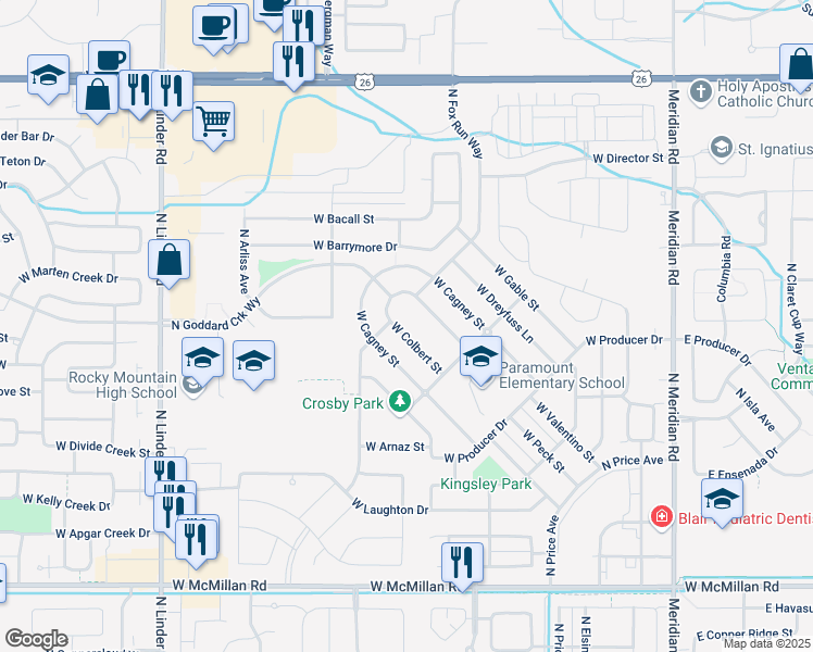 map of restaurants, bars, coffee shops, grocery stores, and more near 850 West Colbert Street in Meridian