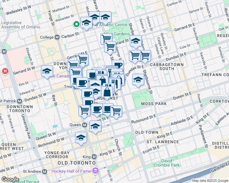 map of restaurants, bars, coffee shops, grocery stores, and more near 65 Mutual Street in Toronto