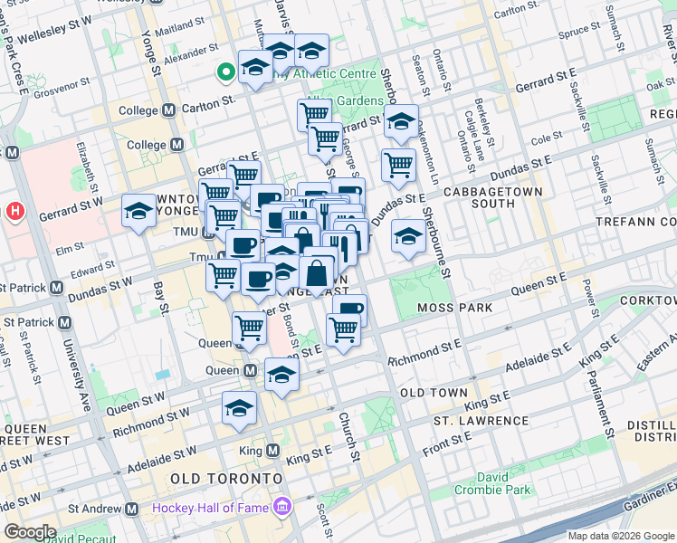 map of restaurants, bars, coffee shops, grocery stores, and more near 65 Mutual Street in Toronto