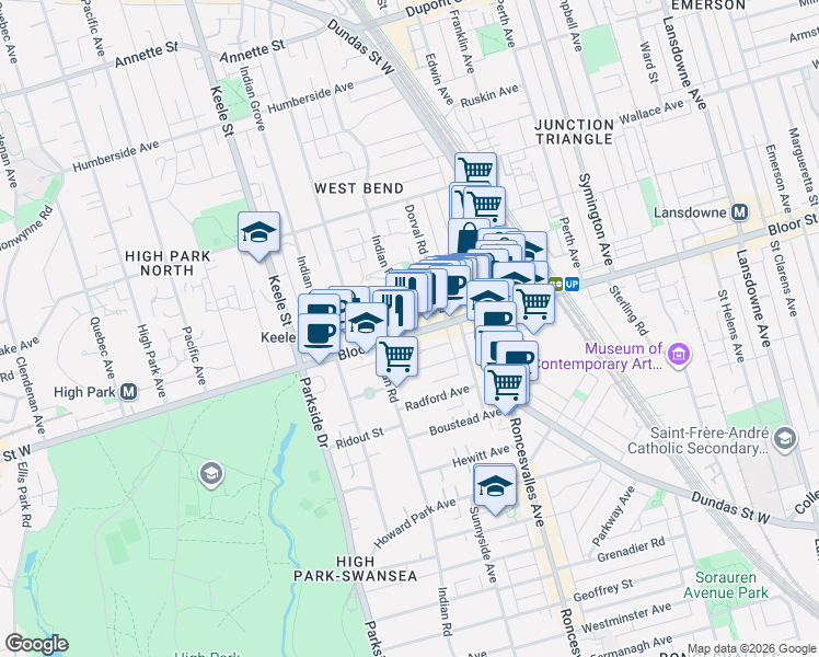 map of restaurants, bars, coffee shops, grocery stores, and more near 1620 Bloor Street West in Toronto