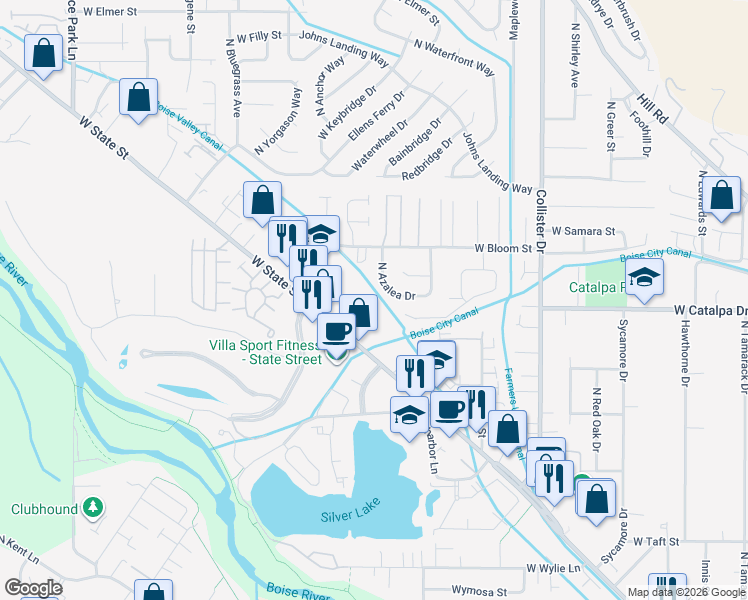 map of restaurants, bars, coffee shops, grocery stores, and more near 5446 West State Street in Boise