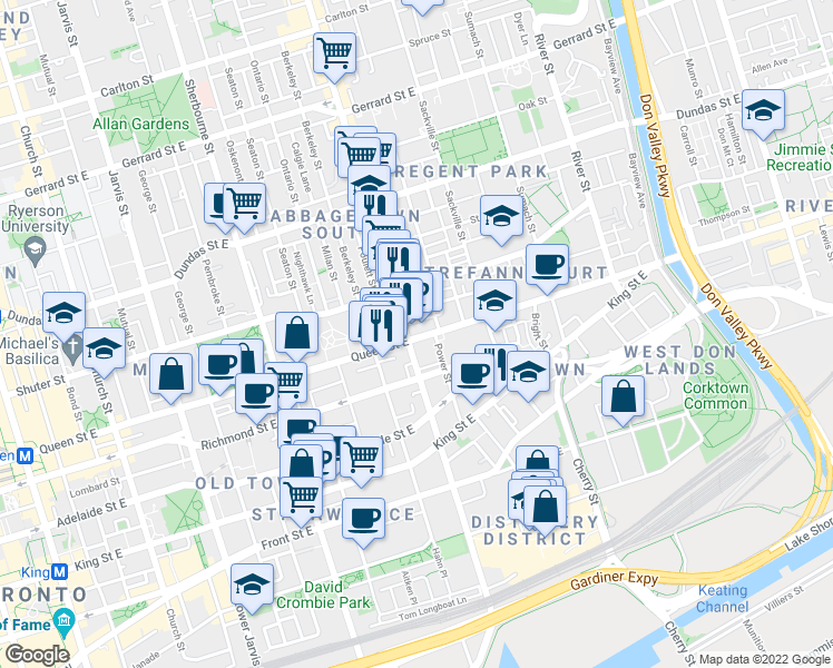 map of restaurants, bars, coffee shops, grocery stores, and more near 356 Queen Street East in Toronto